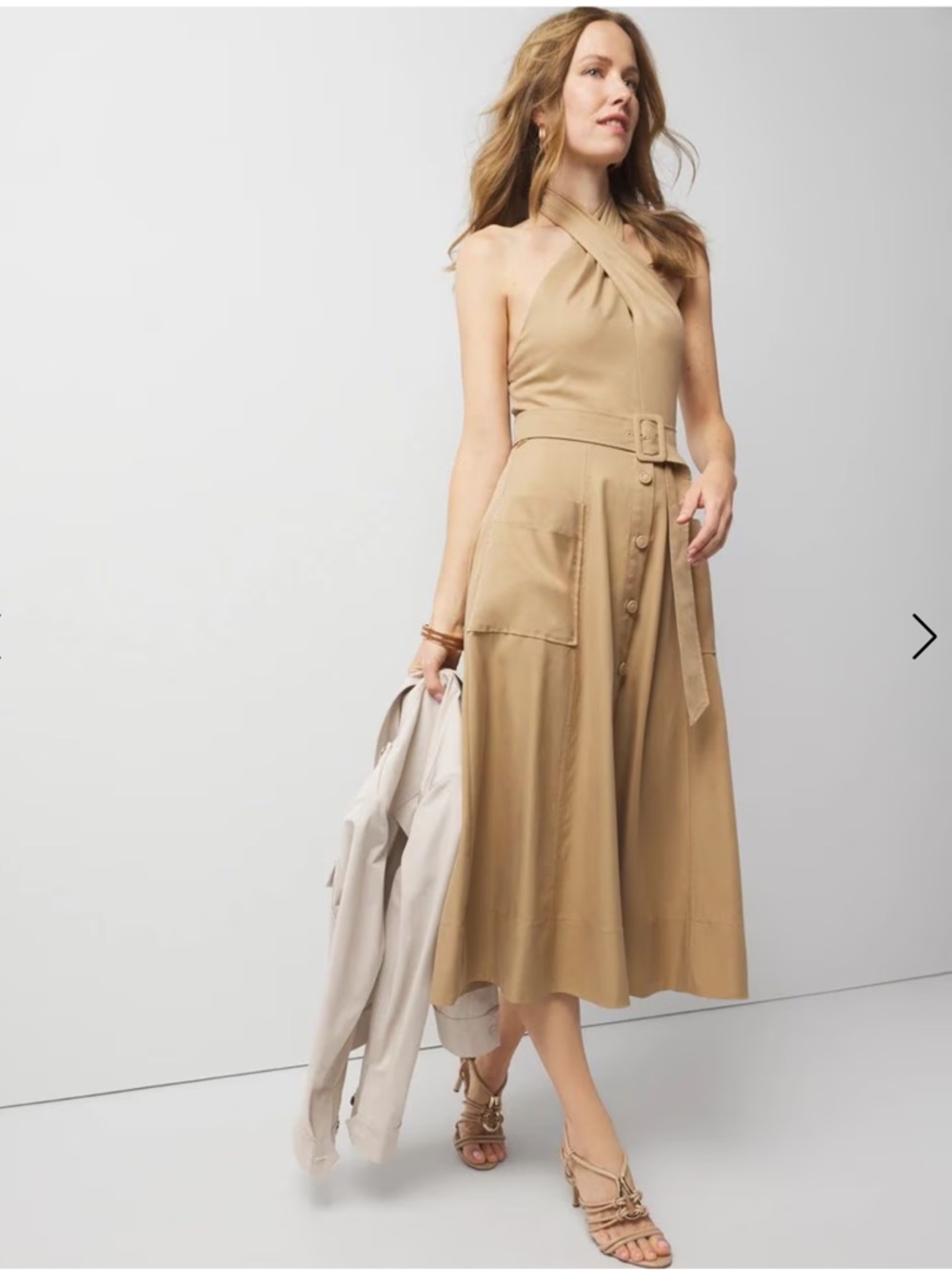 NWT WH|BM Trench Khaki Halter Belted Midi Dress women size Large